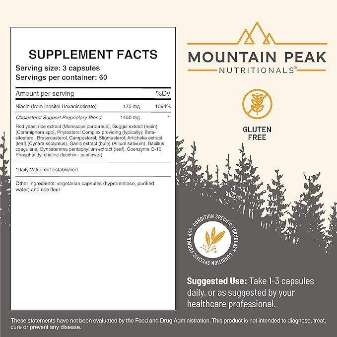 Mountain Peak Nutritionals Cholesterol Support Supplement - with Artichoke Extract, CoQ10, & Red Yeast Rice - Plant-Based Formula Supports Heart Health & Healthy Lipid Levels (90 Vegetarian Capsules)