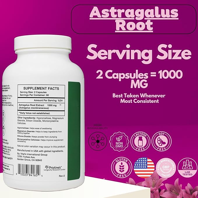 PRISTINE'S Astragalus Root Immune Support Supplement Capsules -1000mg 90 Day Supply Herbal Adaptogen - Healthy Aging, Heart & Lung Health