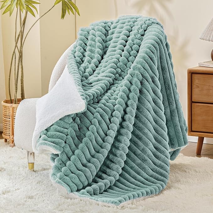 INFIIXSO Sherpa Throw Blanket for Couch - Super Soft & Warm Striped Fleece Blanket, Cozy Plush Fluffy Blanket All Season Use (Haze Blue, 60x80 Inches)
