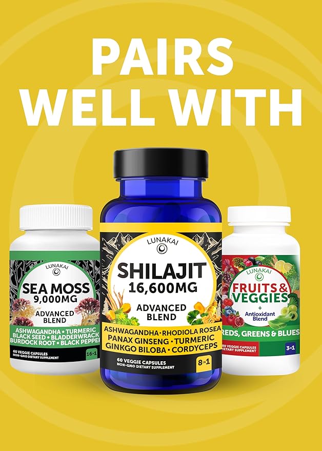 Lunakai USA Made Pure Shilajit Capsules with Ashwagandha, Rhodiola & Cordyceps - Extra Strength Shilajit Extract for Men & Women, 60ct