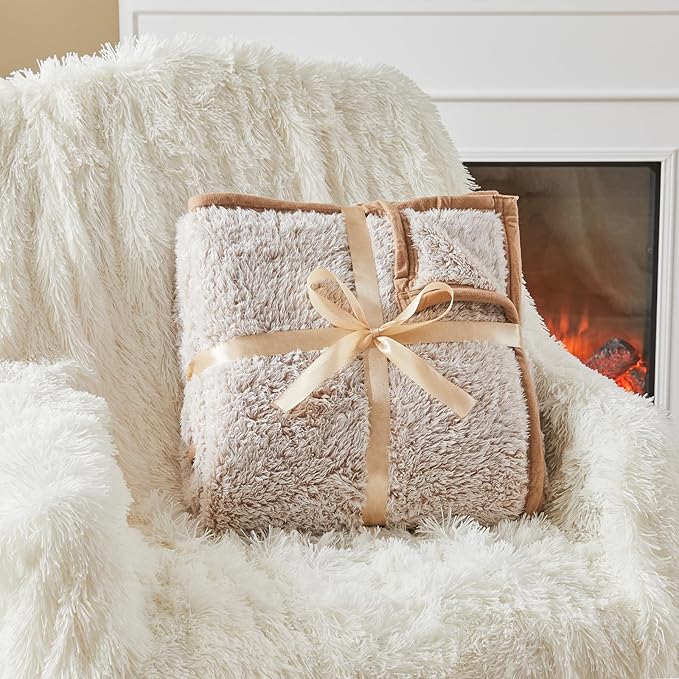 EMME Fuzzy Blanket Soft Fleece Throw Blankets for Women, Fluffy Sherpa Throws(Plush Khaki,90"x90")