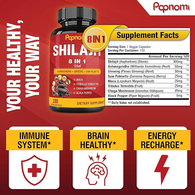 Shilajit Himalayan Supplement for Men & Women - 150 Capsules Combined Ashwagandha, Ginseng, Saw Palmetto, Maca, Tribulus, Chaga & Black Pepper - Vitality Energy and Immune Supports