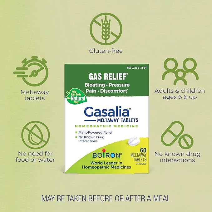 Boiron Gasalia Tablets for Relief from Gas Pressure, Abdominal Pain, Bloating, and Discomfort - 60 Count