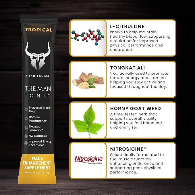 Male Enhancing Supplement Powder – Testosterone Supplement for Men with Tongkat Ali, Maca Root, Horny Goat Weed Powder, Beet Root & L-Citrulline – Nitric Oxide Enhancer (12 Stick Packs) - Tropical