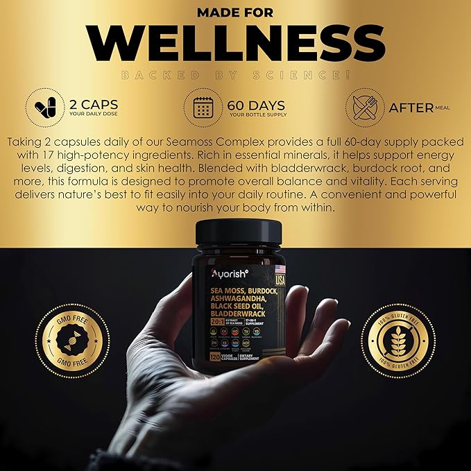 Sea Moss Capsule 30:1 High Strength 6000mg Equivalent Per Servings, Black Seed Oil Ashwagandha Ginger Capsules, Turmeric, Moringa, Bladderwrack, Burdock Root, Manuka Honey, Cinnamon 120 Count
