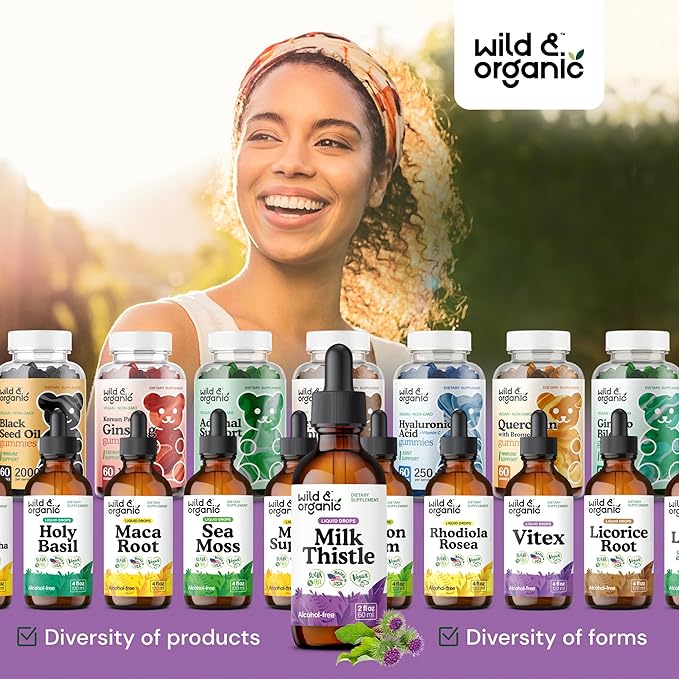 Wild & Organic Milk Thistle Extract Drops - Liver Cleanse Support - Milk Thistle Liver Detox Tincture - Silymarin Supplement - Silybum Marianum Seeds - Vegan, Sugar & Alcohol-Free - 2 fl oz