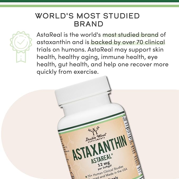Astaxanthin 12mg Max Strength (Only Patented Astaxanthin (Astrareal) with 70+ Human Clinical Trials - World's Most Studied Brand) Grown, Harvested, and Made in The USA (Astaxantina) by Double Wood