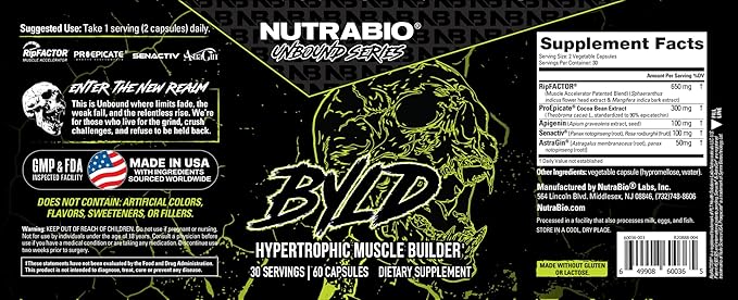 NutraBio Unbound BYLD - Natural Muscle Builder for Men, Support Muscle Growth, Recovery, and Strength - 30 Servings - 60 Capsules