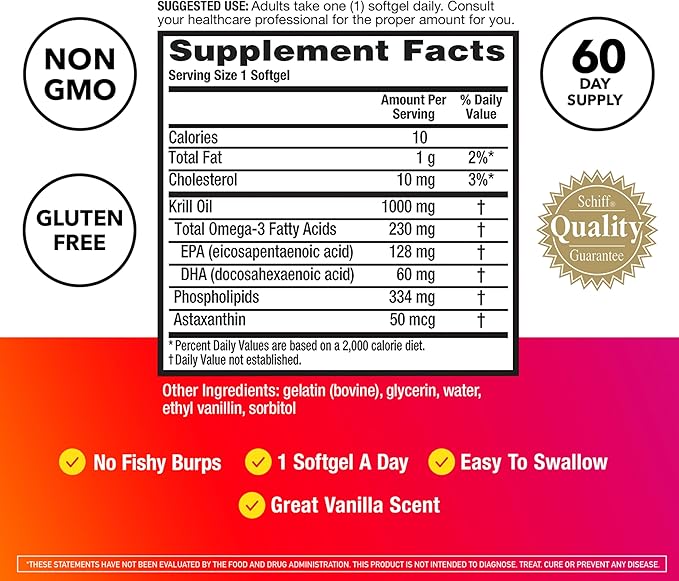 MegaRed Ultra Strength 1000mg Omega-3 Krill Oil Supplement with EPA/DHA, Astaxanthin & Phospholipids, No Fish Oil Aftertaste Supports Heart, Brain, Joint and Eye Health, 60 Count Softgels.