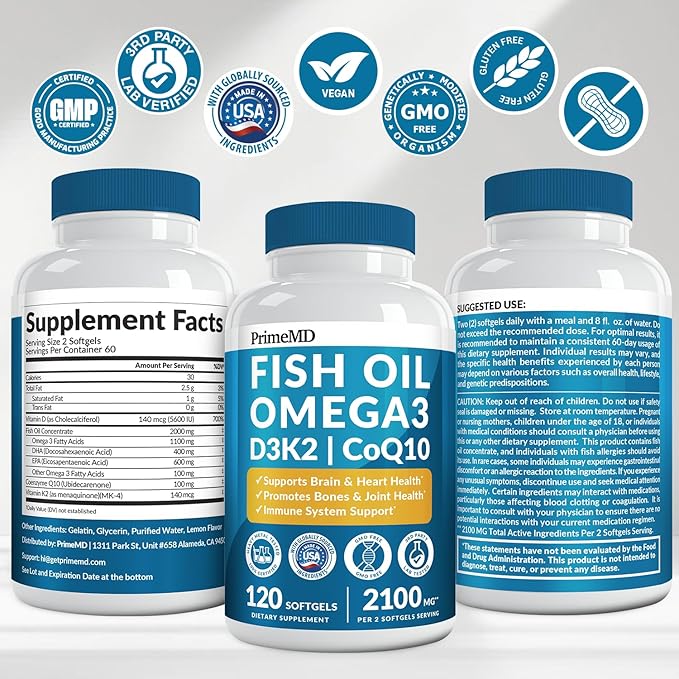 5-in-1 Fish Oil Omega 3 Supplements (2100mg) - Fish Oil with Vitamins D3 & K2 and CoQ10 - EPA DHA Omega 3 Supplement - Lemon Flavored Fatty Acid Supplements, Pack of 2