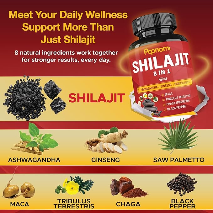 Shilajit Himalayan Capsules - 3 Month Supply - Combined Ashwagandha, Ginseng, Saw Palmetto, Maca, Tribulus, Chaga, Black Pepper
