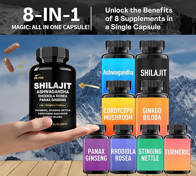 8-in-1 Shilajit for Men & Women with Ashwaganda Himalayan Organic Supplement with Rhodiola Rosea, Ginseng, Turmeric, Mushroom, for Immune Support, Energy, Calm, Focus, Clarity, Sleep, Cortisol