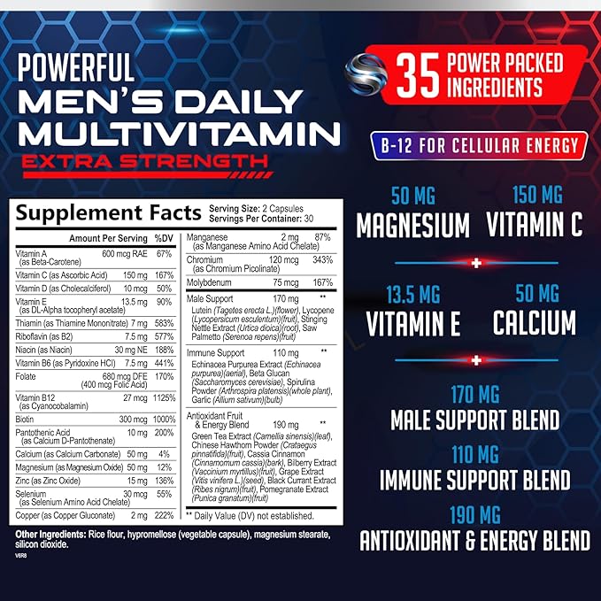 Multivitamin for Men - Vitamin A, C, D, E, Zinc, Calcium, Multivitamins for Immune Health Support, Vitamin B12, Men’s Daily Multivitamin Supplement Capsules, Non-GMO Mens Multi Vitamins - 60 Capsules