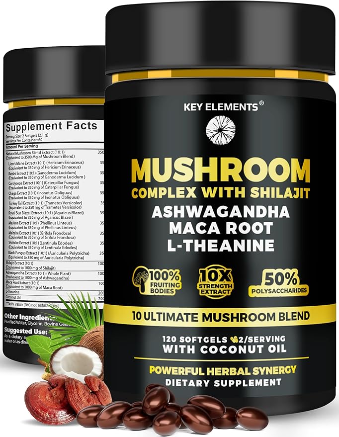 Organic Mushroom Complex with Shilajit & Coconut Oil - Lion’s Mane Mushroom Supplement with Ashwagandha and L-Theanine - Mushroom Nootropic for Memory, Focus & Immune Mushroom Capsules Softgels