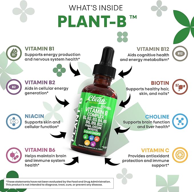 Vitamin B Complex Liquid Drops | Thiamine B1, B6, B2, B3, B4, B5, B7 B9, B12, Niacinamide, Paba, Choline Inositol Taurine Probiotics Beet Root Spirulina - Plant-B Vitamin Supplements by Clean Nutra