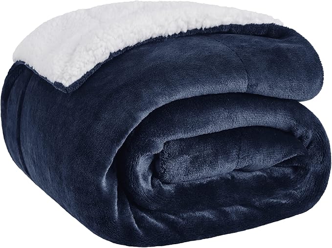 Bedsure GentleSoft Sherpa Fleece Throw Blanket Twin Size for Couch - Thick and Warm, Soft Fuzzy Plush Twin Blanket for Winter, Navy, 60x80 Inches