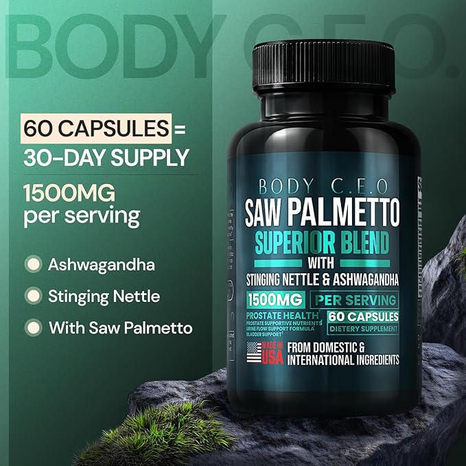 Prostate Superior Saw Palmetto for Men, Stinging Nettle, Ashwagandha, Lycopene, Bladder & Urinary Relief, Prostate Supplement, 60 Capsules 30-Day Supply