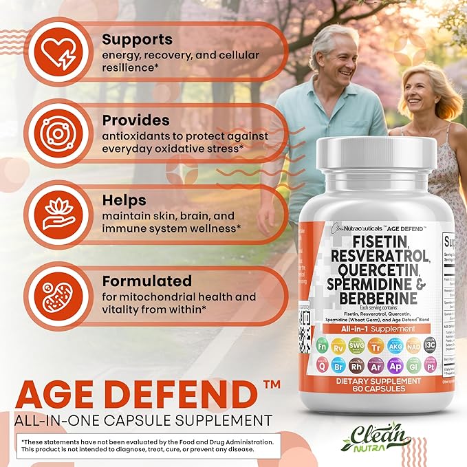 Clean Nutraceuticals Fisetin Quercetin Resveratrol with Spermidine Wheat Germ Extract - Health Supplement for Adults Longevity with Berberine, Collagen, Rhodiola, Apigenin