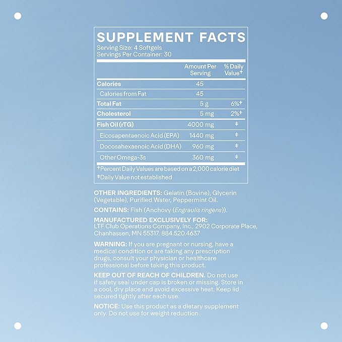 LTH Glow Omega-3 Fish Oil - Trusted by Life Time Fitness Members - NSF Certified for Sport - Supports Brain & Heart Health - Aids Healthy Skin, Hair & Nails - Gluten Free & Soy Free - 30 Servings