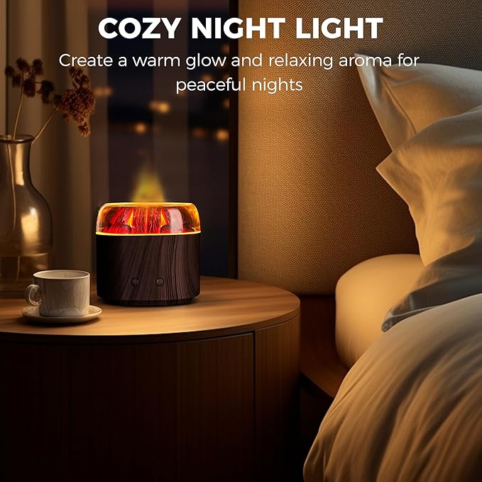 Mini Bonfire Air Diffuser, Ultrasonic Cool Mist Aroma Scent Diffuser for Essential Oils, Fire Mist Humidifier with Warm LED Glow, 2 Brightness, Auto-Off, Night Light for Room Home Office – Dark Wood