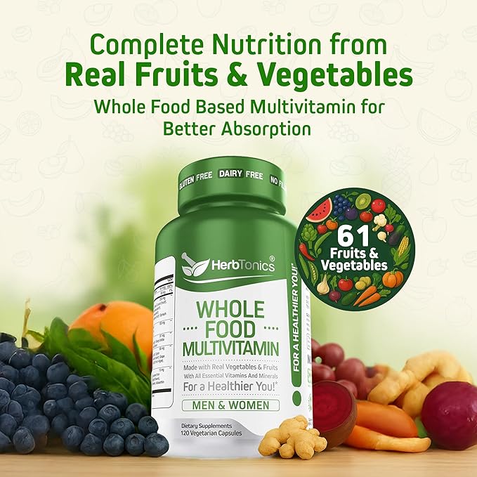 Herbtonics Whole Food Multivitamin for Men & Women – Vegan Multivitamin with Real Fruits & Veggies, Probiotics, CoQ10, Turmeric & More – 60 Capsules
