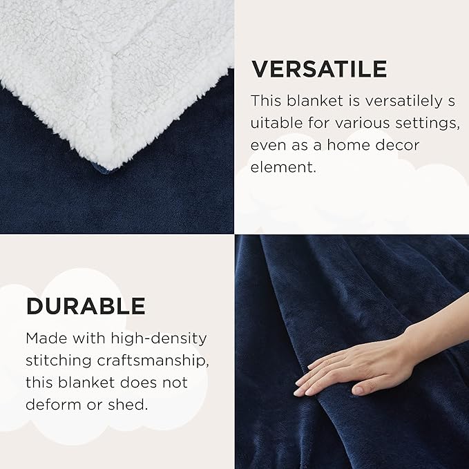 Bedsure GentleSoft Sherpa Fleece Throw Blanket Twin Size for Couch - Thick and Warm, Soft Fuzzy Plush Twin Blanket for Winter, Navy, 60x80 Inches