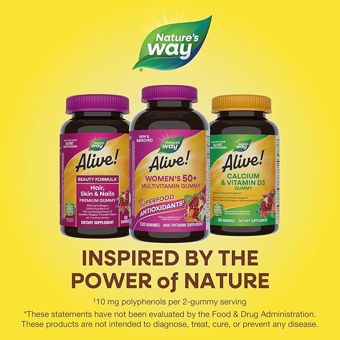 Nature's Way Alive! Women's 50+ Daily Gummy Multivitamins, Women's Supplements, Supports Healthy Heart, Brain & Bones,* B-Vitamins, Mixed Berry Flavored, 130 Gummies (Packaging May Vary)