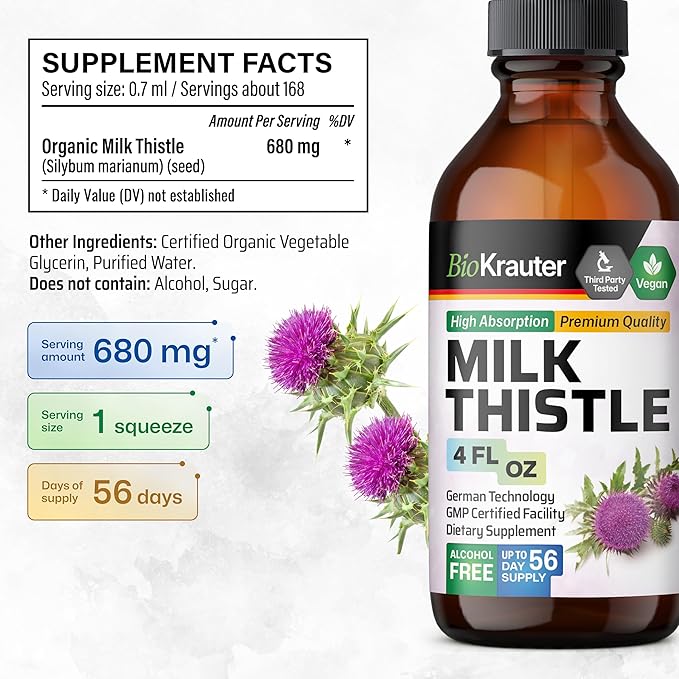 BIO KRAUTER Milk Thistle Extract Liquid - Silymarin Milk Thistle Supplement - Vegan, Alcohol & Sugar Free Liver Cleanse Detox Drops - 4 fl oz