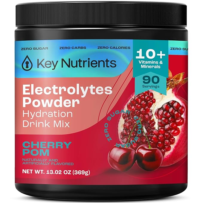 KEY NUTRIENTS Multivitamin Electrolytes Powder No Sugar - Sweet Cherry Pom Electrolyte Powder - Endurance & Energy Supplement - Hydration Powder - No Calories - 90 Servings - Made in USA