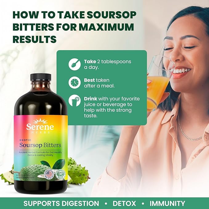 Soursop Bitters Liquid – Organic Herbal Detox with Black Seed, Moringa & Ginger by Serene Herbs – Supports Digestive Wellness & Immune Function – 16 fl oz