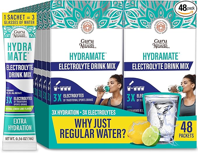 GuruNanda Hydramate Hydration Support Drink Mix - Electrolyte Powder Packets for Dehydration, Exercise & Energy - No Added Sweeteners, Non-GMO, Natural Lemon Lime Flavor - 48 Count (0.56 oz Each)