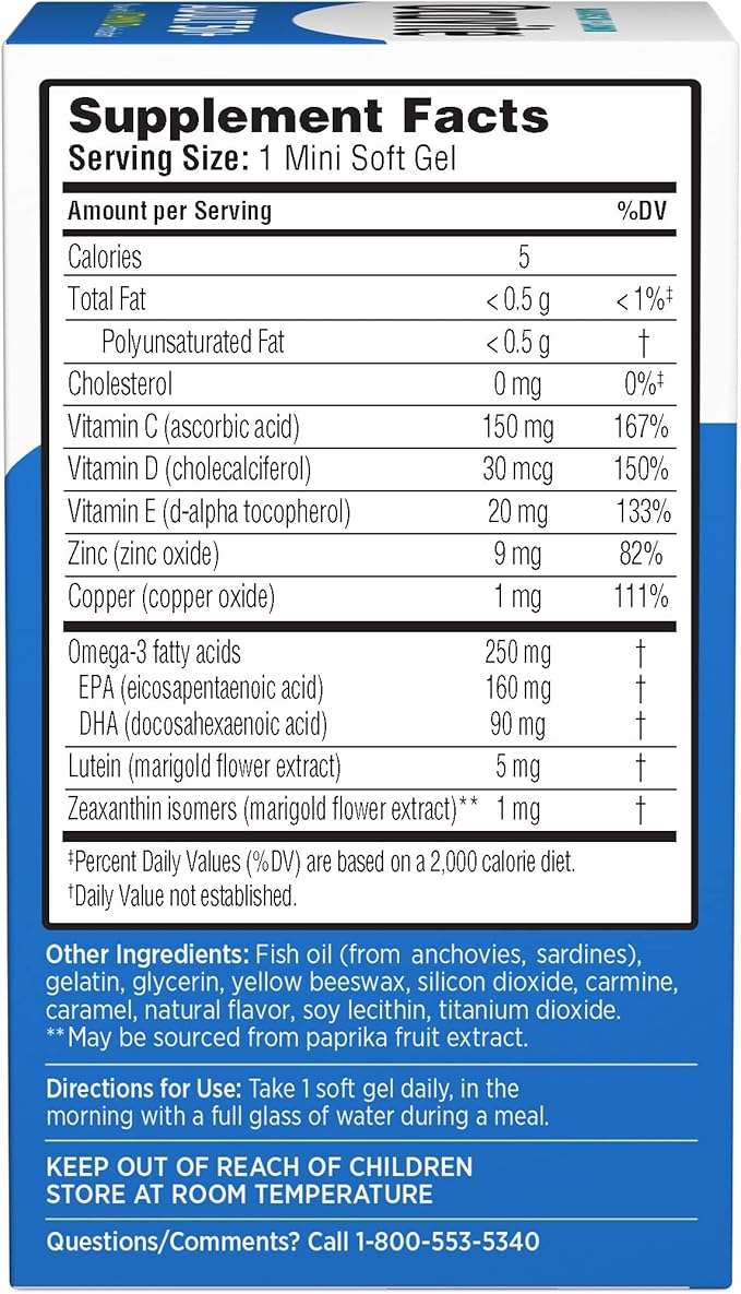 Ocuvite 50+ Eye Vitamin & Mineral Supplement, Multivitamin for Vision & Ocular Health with Omega-3, Zinc, Vitamins C & E, Lutein & Zeaxanthin, Zinc Supplements for Women and Men, 90 Softgels