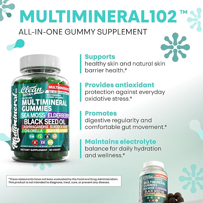 Sea Moss Gummies | Clinically Tested - Black Seed Oil Ashwagandha Elderberry Burdock Root Chlorella Manuka Honey - Vegan Irish Sea Moss Gummy Vitamins for Adults Kids Men Women - Green Apple Flavor