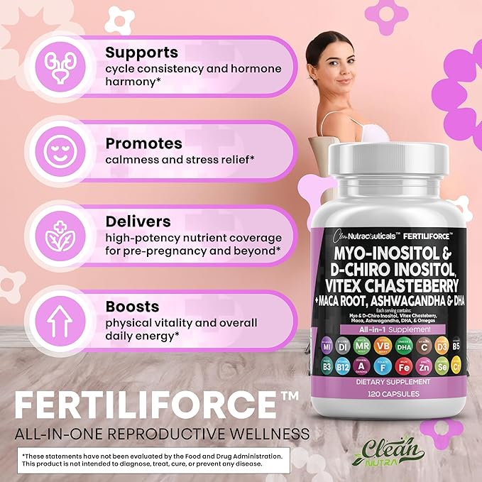 Clean Nutraceuticals Myo-Inositol & D-Chiro Inositol 2050mg Fertility Supplement 40:1 Ratio - Prenatal Vitamins for Women with Ashwagandha Maca Root Vitex Chasteberry Iron DHA Folic Acid DIM Zinc (1)