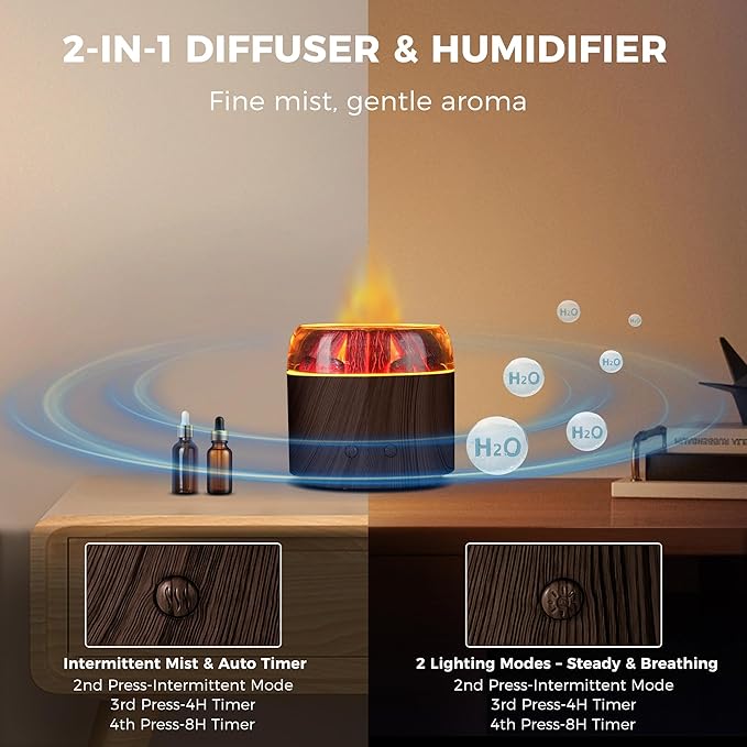 Mini Bonfire Air Diffuser, Ultrasonic Cool Mist Aroma Scent Diffuser for Essential Oils, Fire Mist Humidifier with Warm LED Glow, 2 Brightness, Auto-Off, Night Light for Room Home Office – Dark Wood