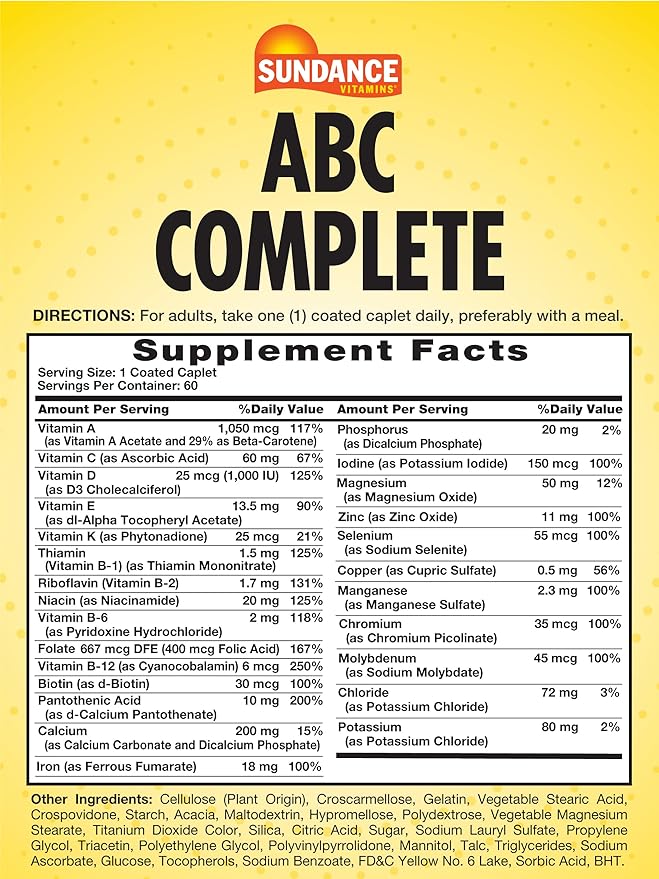 Sundance Multivitamin for Women & Men | With Iron | Mineral Formula ABC Complete | Non-GMO and Gluten Free Supplement