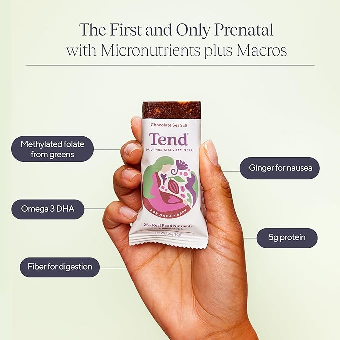 Tend Daily Best Prenatal Vitamin Bar, Made with Organic Ingredients for Pregnant & Postpartum Mothers, Includes DHA, Vitamin D, B, Choline, Folate - Chocolate Sea Salt (7ct)