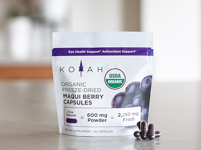 KOYAH Organic Maqui Berry Capsules - Freeze-Dried, Whole-Berry, 600 mg, Vegan, Gluten-Free, Non-GMO. Eye Health Support. Antioxidant Support. 60 Capsules
