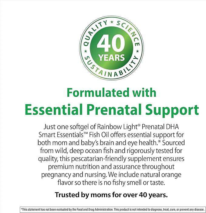 Rainbow Light Prenatal DHA Smart Essentials | Omega 3 Fatty Acids EPA & DHA | Purified Fish Oil | Support for Mom & Baby | Non-GMO and Gluten Free | 180 Count