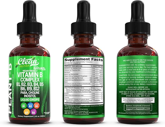Vitamin B Complex Liquid Drops | Thiamine B1, B6, B2, B3, B4, B5, B7 B9, B12, Niacinamide, Paba, Choline Inositol Taurine Probiotics Beet Root Spirulina - Plant-B Vitamin Supplements by Clean Nutra