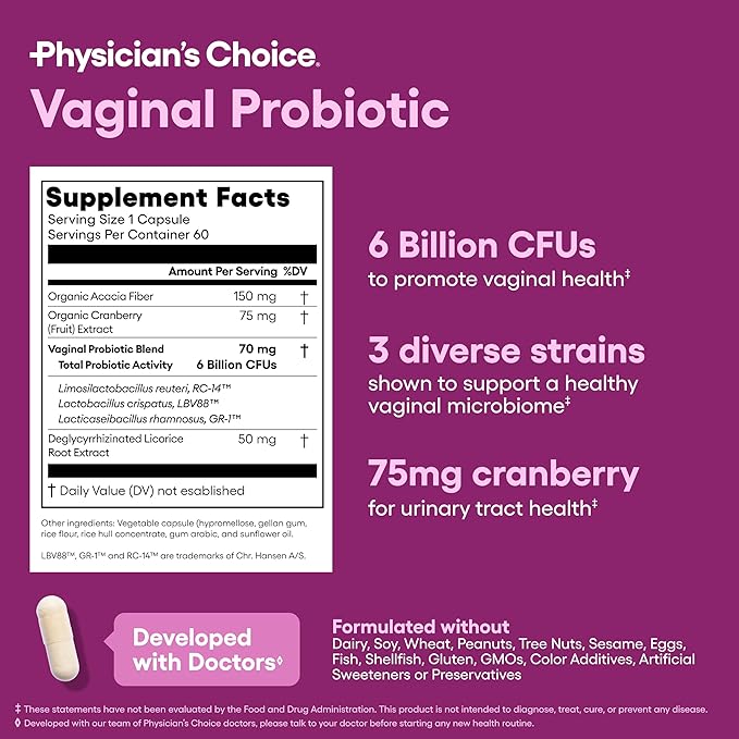 Physician's CHOICE Vaginal Probiotics for Women - pH Balance, Odor Control, Yeast Balance, Vaginal Flora, Moisture, Feminine Health - 6B CFU with Organic Prebiotics and Cranberry Extract - 60 CT