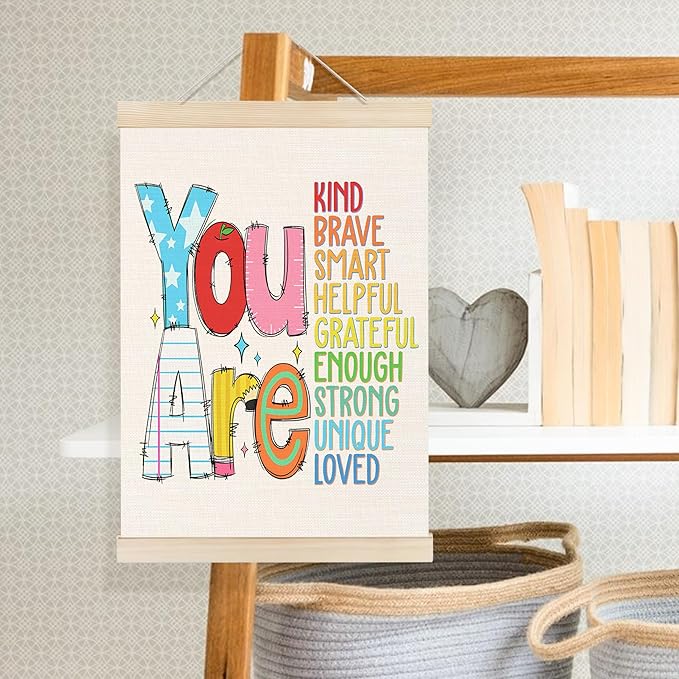 Welshower Boho Classroom Poster Hanger Frame, You Are Kind Brave Smart Motivational Positive Affirmations Wall Art Prints Decor for Kids Nursery Toddler Room Bedroom Classroom Playroom, 12x16 Inch