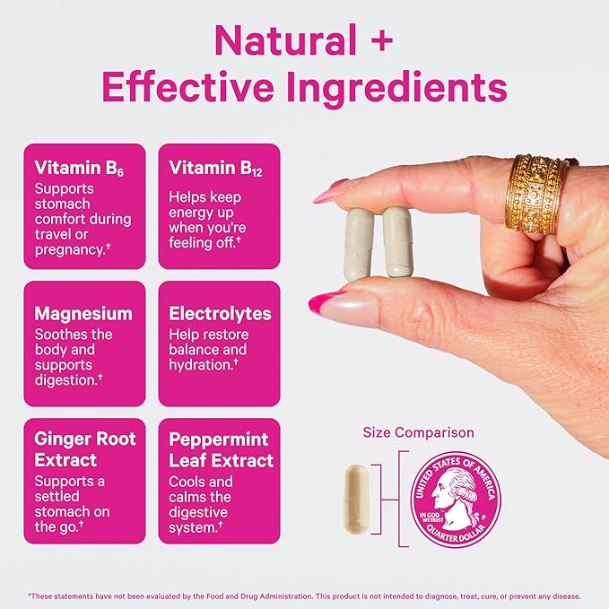 Pink Stork Vitamin B6, Ginger, Electrolyte Capsule - GLP1 Support - Natural Digestive Support with Peppermint, Potassium, Magnesium - Gentle on The Stomach - Motion Sickness Must Haves - 60ct