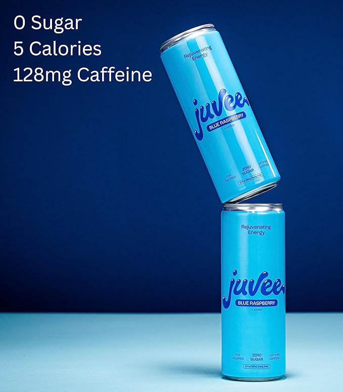 Juvee Rejuvenating Energy Drink. Sugar Free Energy Drinks. Taurine, Vitamin B12, Vitamin B6. 128 Mg Of Caffeine. L-Theanine For Mood Support. Panax Ginseng For Focus. Vitamin C For Immune Support. Gluten Free 12 oz - 12 Pack - Blue Raspberry