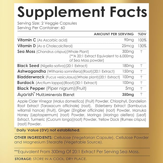 Sea Moss Capsule 30:1 High Strength 6000mg Equivalent Per Servings, Black Seed Oil Ashwagandha Ginger Capsules, Turmeric, Moringa, Bladderwrack, Burdock Root, Manuka Honey, Cinnamon 120 Count