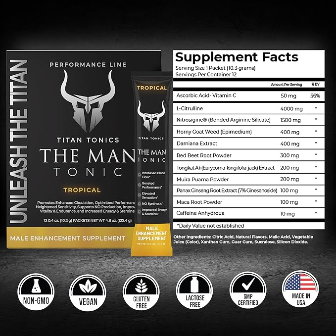 Male Enhancing Supplement Powder – Testosterone Supplement for Men with Tongkat Ali, Maca Root, Horny Goat Weed Powder, Beet Root & L-Citrulline – Nitric Oxide Enhancer (12 Stick Packs) - Tropical