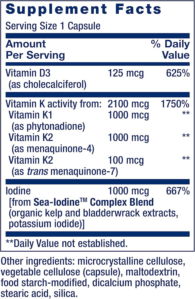 Life Extension Vitamins D and K with SeaIodine Bone Brain Thyroid Arterial Support Non GMO Once Daily Gluten Free, 60 Count
