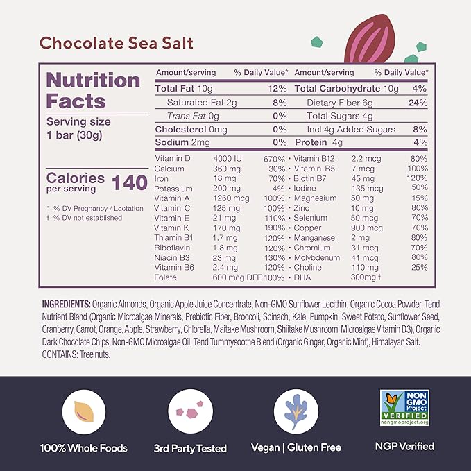 Tend Daily Best Prenatal Vitamin Bar, Made with Organic Ingredients for Pregnant & Postpartum Mothers, Includes DHA, Vitamin D, B, Choline, Folate - Chocolate Sea Salt (7ct)