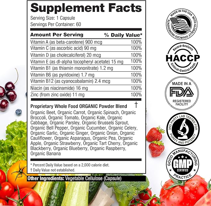 1000mg Immune Support Capsules Made with 25 Organic Fruits and Vegetables, Strong Immunity Boosters with Vitamins A, C, D3, and Zinc, 60 Count