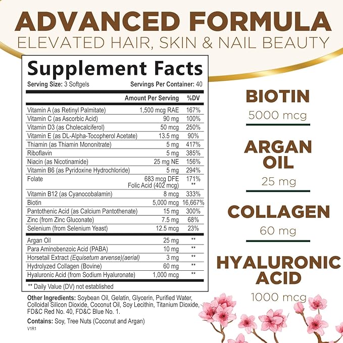 Hair Vitamins Biotin 5000 mcg Collagen for Hair Skin and Nails Vitamin Nature's, Supports Supplement Fast Fuller Thicker Healthy Growth Support, with Hyaluronic Acid Women & Men, Non-GMO, 120 Softgels